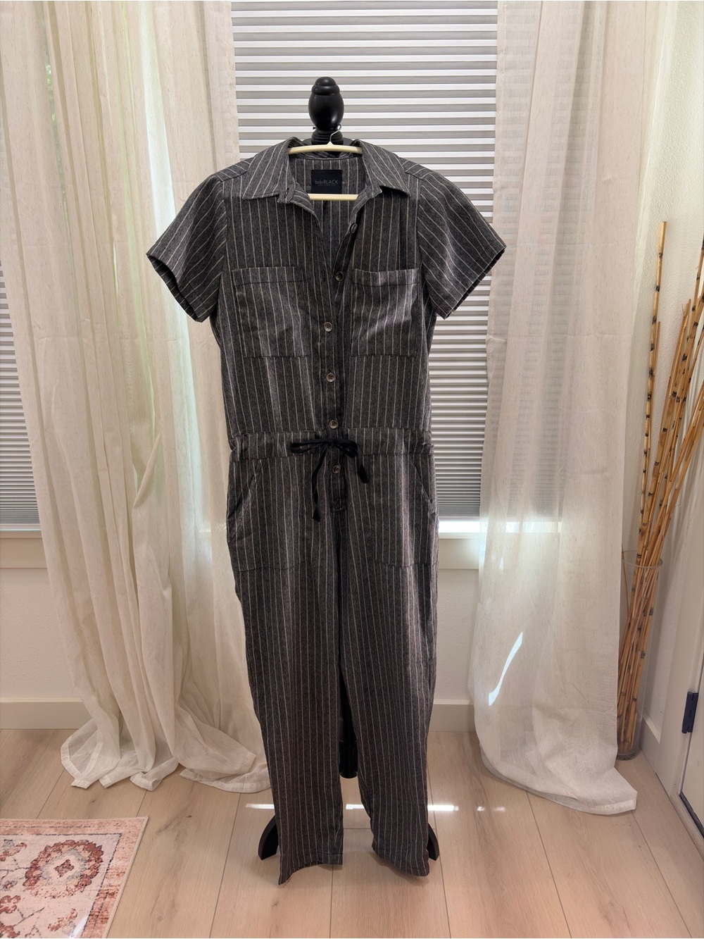 bobi Charcoal Pinstripe Short-Sleeve Utility Jumpsuit